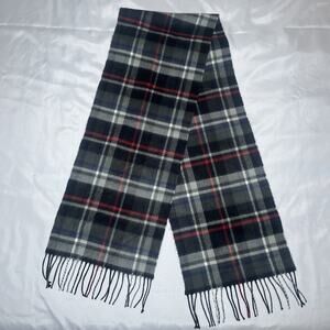 100% Cashmere Plaid Fringed Scarf Wrap Black Red Made in Germany 66" x 12"